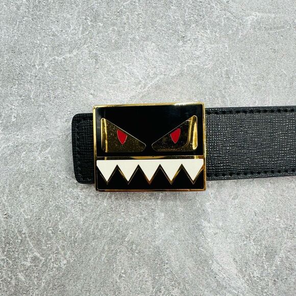 Fendi Monster Black & Gold Bug Eye Buckle Calf Skin Leather Belt Size 75 cm 30 i main image 11